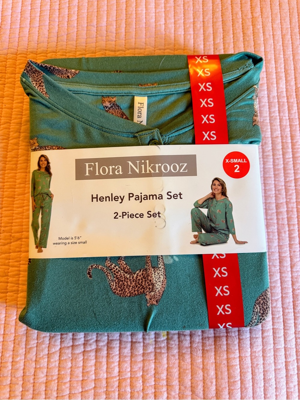 Flora Nikrooz Teal Henley Pajama Set with Leopard Print